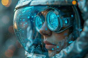 Woman in futuristic helmet and goggles, emphasizing eyewear and protective gear photo