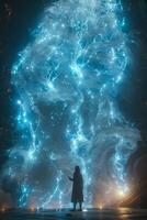 A woman stands before an illuminated skull floating in the sky photo