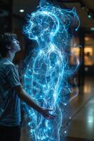 A man is standing in front of a glowing depiction of a person photo