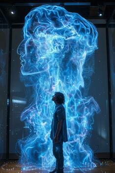 A man is standing in front of a brain display at an art exhibit photo