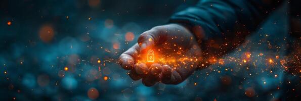 A person holding a glowing padlock, creating a mysterious and intriguing scene photo