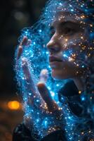 The womans face is illuminated by blue lights, creating a mesmerizing effect photo