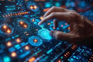 A hand is pressing a futuristic blue button on a screen photo