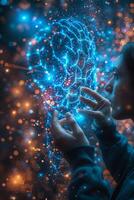 A person is holding a lighted brain in their hands with a sky background photo