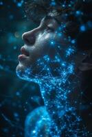 Illustration of a futuristic individual overlaid with a glowing digital network concept photo