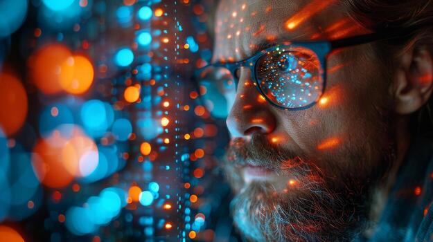 A man wearing glasses is looking at a computer screen photo