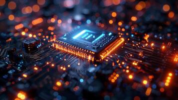 Closeup of computer chip on motherboard with emitting lights photo