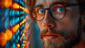 A man with glasses is staring at the monitor of a computer photo