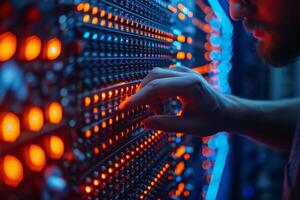 Man in data center with technology and electrical engineering equipment photo