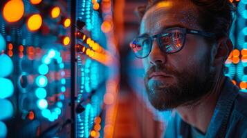 Man with glasses looks at computer screen in server room photo