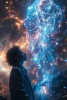 A man stands in front of a blue light, creating a captivating scene photo