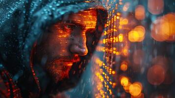A man in a hood looks through a window with rain drops photo