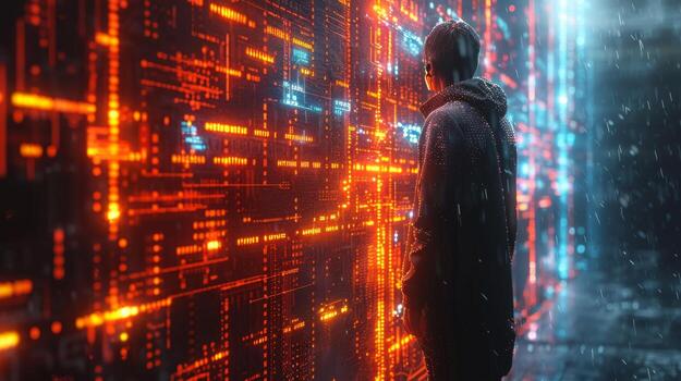 A man in front of a hightech screen in a futuristic setting photo