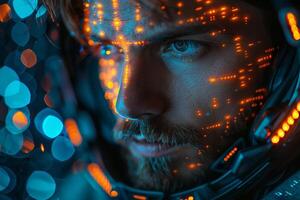 A man wearing a futuristic helmet with glowing lights on his face photo