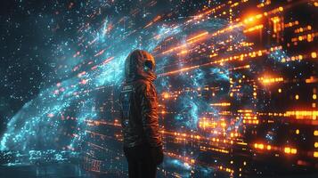 A person standing in a futuristic suit next to a glowing wall of lights photo