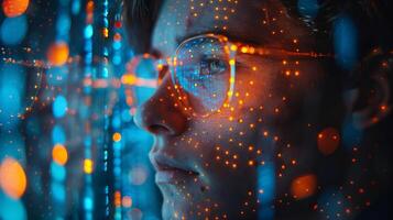 A man with eyewear is sitting in front of a computer screen, wearing glasses photo