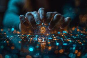 A person is holding a digital padlock in their hands amidst dark surroundings photo