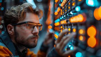 A man sporting eyewear is engaged in server maintenance at a data center photo