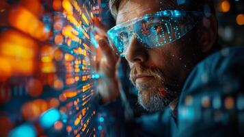 Man with futuristic glasses looks at computer screen photo