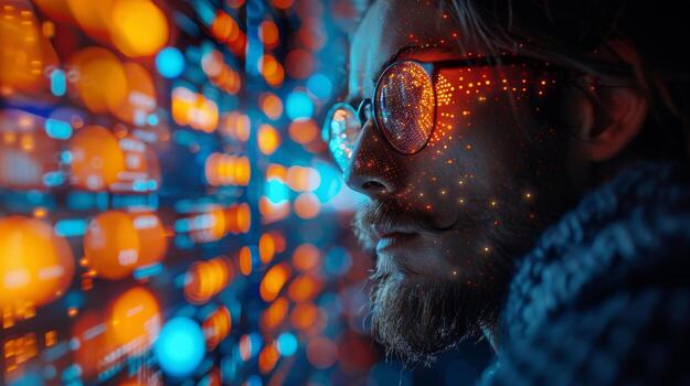 A man with glasses is examining a computer screen photo