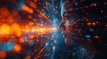 Computer generated womans face surrounded by glowing particles photo