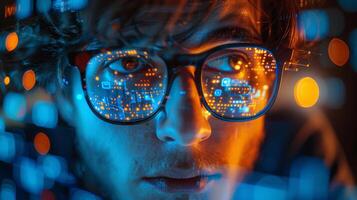A man wearing glasses stares at a computer monitor photo