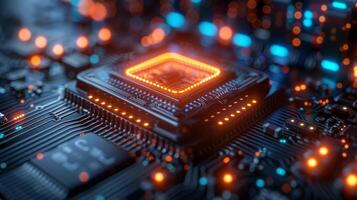 Computer chip on a motherboard showcasing electronic engineering and hardware photo