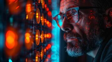 A man in glasses looks at a computer screen in a server room photo