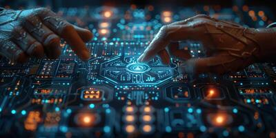 A robotic hand gingerly touches a sleek computer screen in a futuristic setting photo