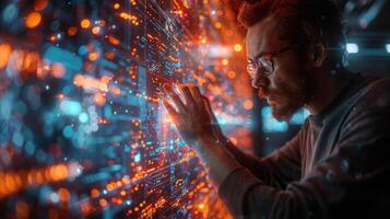 Man in glasses gazes at a futuristic screen in electric blue cityscape photo