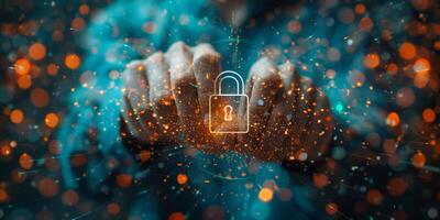 A person holding a digital padlock with blurred background photo