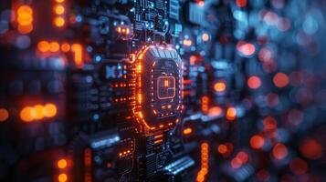 Computer chip on a motherboard with technology and design keywords photo