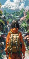 A pixel art of a person with a backpack walking down a street photo
