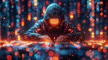 A hacker wearing a hood is typing on a computer keyboard photo