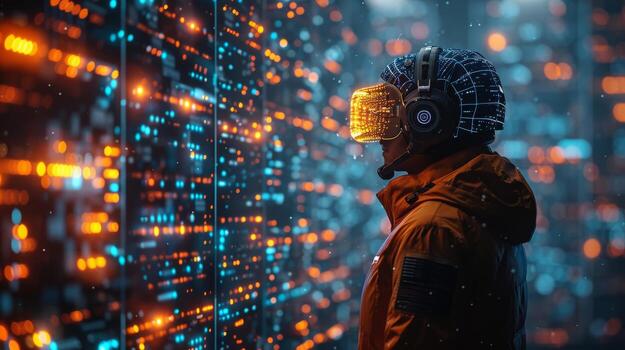 A man wearing a virtual reality headset gazes at a computer monitor photo