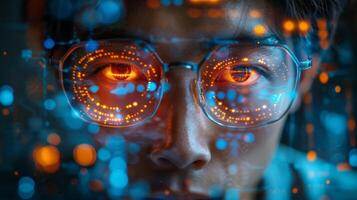 Man in futuristic glasses uses technology and focuses on a screen photo