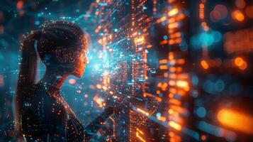Futuristic AI Concept. Woman Interacting with Digital Data in Cybernetic Environment photo