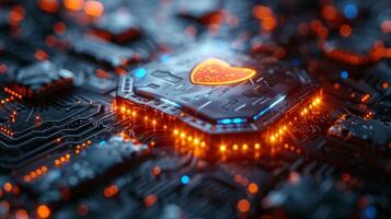 Futuristic heartshaped circuit board with glowing lights, symbolizing technology and digital design photo