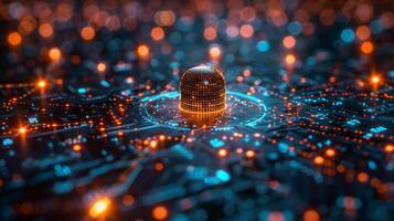 Computer generated image of glowing object on futuristic motherboard photo