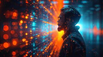 A man is looking at a computer screen with bright lights photo