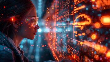 Young Woman Analyzing Data in Futuristic Cyber Environment with Holographic Interface photo