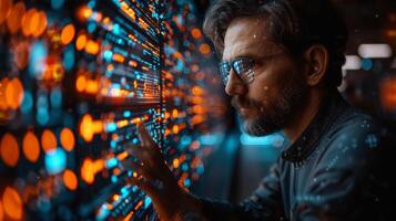 Man with a beard looking at computer screen in data center with blue tints photo