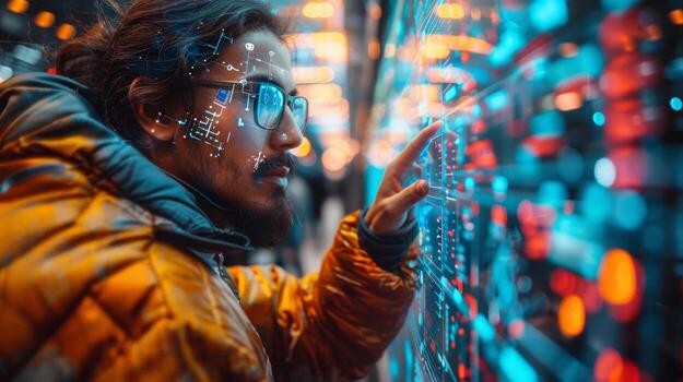 A man with glasses is gazing at a futuristic display photo