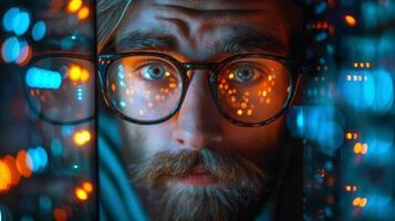 A man, sporting a beard and glasses, focuses on a computer monitor photo
