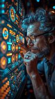 Man in glasses looking at computer screen with number 55 photo
