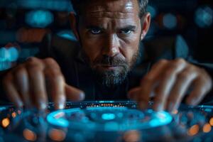 A man sporting a beard gaze at a hightech display monitor in front of him photo