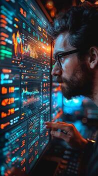 A man with glasses gazes at a computer screen in an engineering setting photo