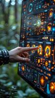 Hand pointing at futuristic screen in cockpit with engineering info photo