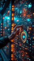 A hand points at a screen in a futuristic server room photo
