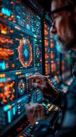A man is gazing at a futuristic computer screen in a darkened room photo